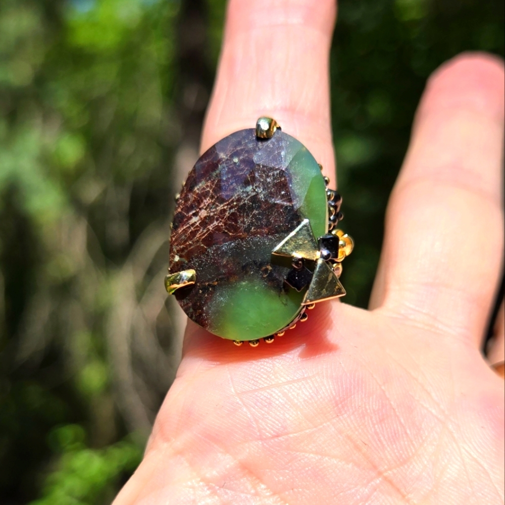 Chrysoprase 30k HUGE & Topaz sterling & gold ring sz7 - Picture 1 of 10